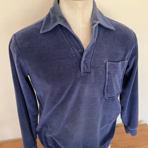 90's Velour Polo Style Shirt - Joel - Navy Long Sleeve - Size Medium - Picture 9 of 10